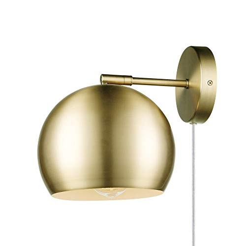 Novogratz x Globe Electric Novogratz x Globe Willow 1-Light Plug-in or Hardwire Wall Sconce, Matte Brass, White Fabric Cord, In-Line On/Off Rocker Switch 51577, Gold