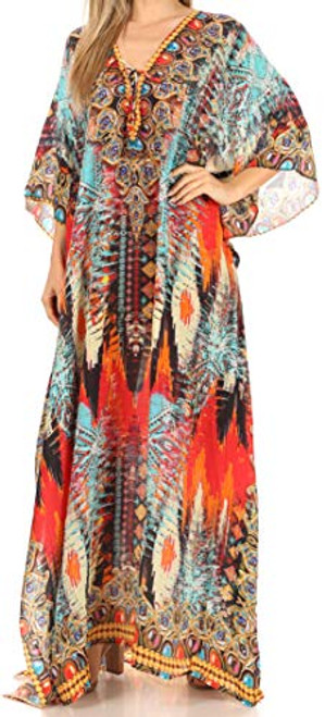 Sakkas SS1678 KF2020915LAT - LongKaftan Georgettina Ligthweight Printed Long Caftan Dress/Cover Up - Red/White/Blue -OS