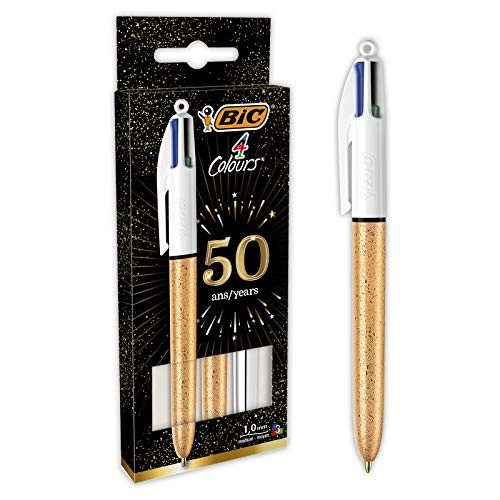 BIC 4 Colours Ball Pens Medium Point (1.0 mm) - Assorted Barrel Colours (Gold Frozen Textured and Silver), Pack of 3, 992580