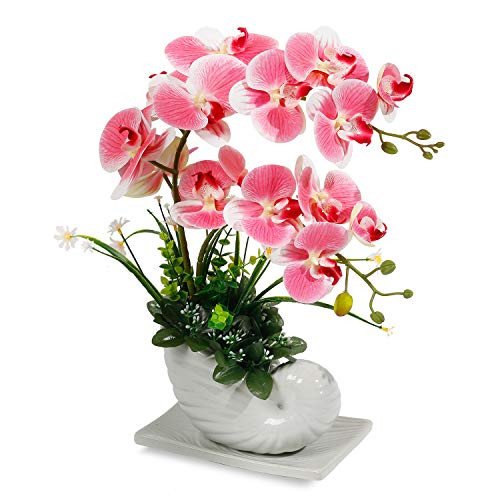 LIVILAN Artificial Orchid Fake Orchid Flower with White Ceramic Vase Artificial Flowers Artificial Orchid Plants for Home Decor Indoor Office Table Centerpieces Party