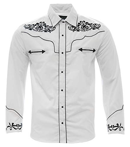 El General Men's Charro Shirt Camisa Vaquera Western Wear White/Black (Small)
