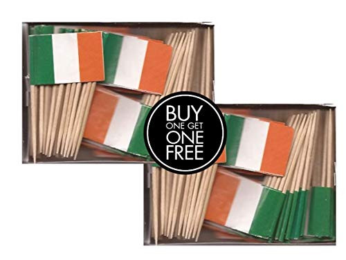 2 Boxes Mini Ireland Toothpick Flags, BOGO Buy 1 Box of 100 and Get Another Box Free, Total 200 Small Mini Irish Flag Cupcake Toothpicks or Tiny Cocktail Sticks  and  Picks