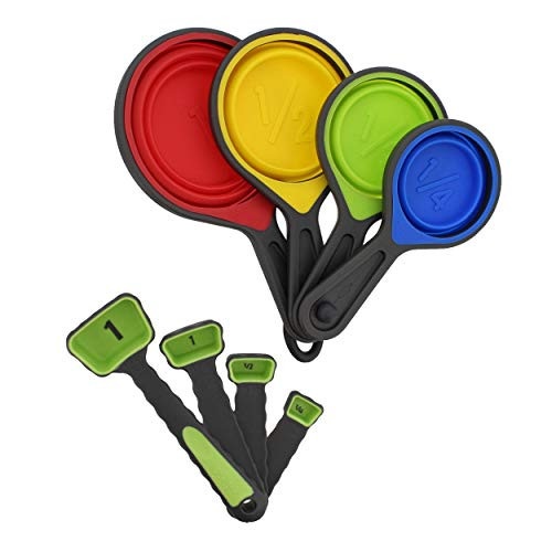 7Penn Collapsible Measuring Cups and Spoons Set 8pc Kitchen Food Dry Measure Cups with Imperial and Metric, Green Spoons