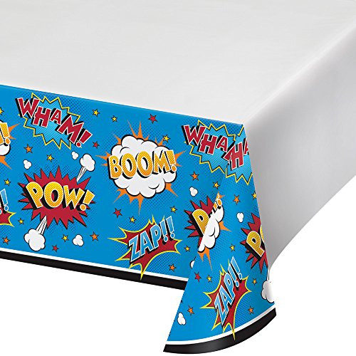 Creative Converting Superhero Slogans Printed Plastic Tablecover Party Supplies, Multicolor
