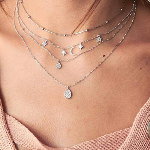 Jovono Multilayered Crystal Crescent Moon Pendant Necklaces Fashion Star Necklace Chain Jewelry for Women and Girls (Silver)