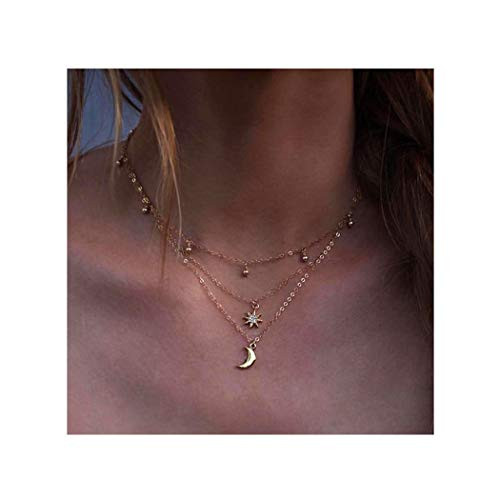Campion Bohe Crystals Layered Necklace Gold Star Pendants Moon Necklaces Chain Beads Necklace Jewelry for Women and Girls