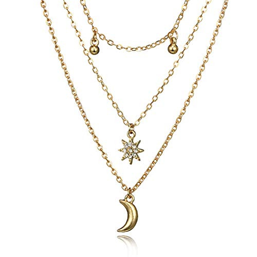Yalice Boho Layered Moon Necklace Chain Gold Bell Choker Necklaces Crystal Star Jewelry for Women and Girls