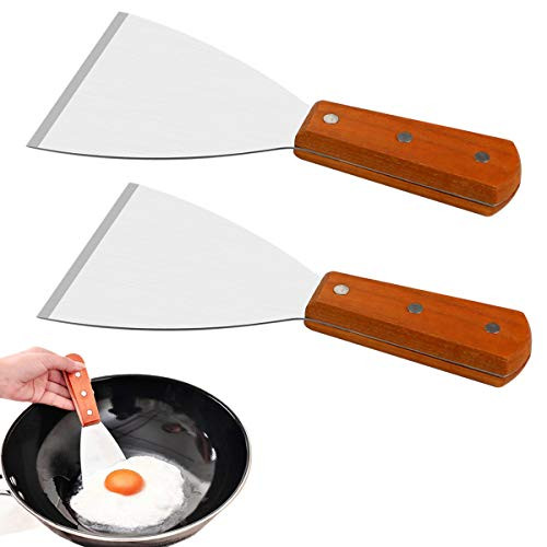 Fireboomoon 2 Pack Stainless Steel Slant Grill Griddle Spatula Scraper with Wooden Handle for Teppanyaki,Barbecue Cooking,Restaurant Diner Food Service,Cleaning Supplies