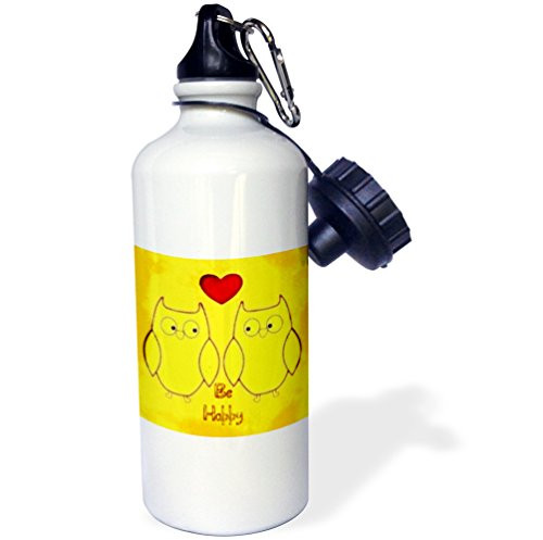 3dRose  inchBe Happy Yellow Owls Birds Fun Art inch Sports Water Bottle, 21 oz, White