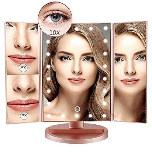 Vanity Mirror,Makeup Mirror LED Lighted Mirror Tri-Fold 1x 2X 3X 10X Magnifying Makeup Vanity Mirror with 22 LED Lights,Touch Screen Adjustment Brightness,180° Adjustable Rotation (Rose Gold)