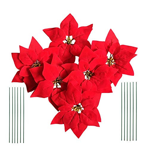 M2cbridge Christmas Picks Red Poinsettia Christmas Tree Ornaments with Wire Stem (24 x Poinsettia with stem)