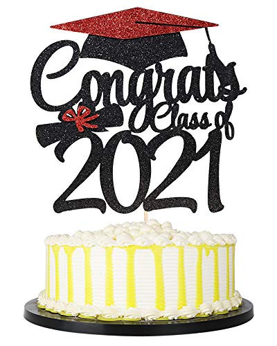 PALASASA Black Red Glittery Congrats Class of 2021 Cake Topper - 2021 Congrats Grad Cake Topper for Graduation Party Decorations Graduate Supplies