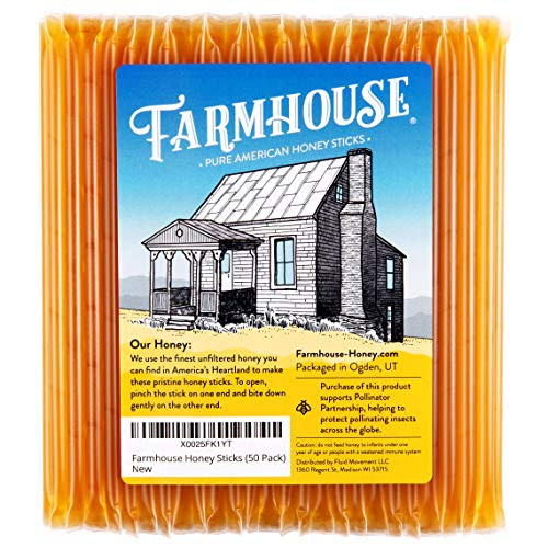 Farmhouse Honey Sticks, All Natural Real American Honey Stix, Easy to Open Honey Straws for Tea (50 Pack)