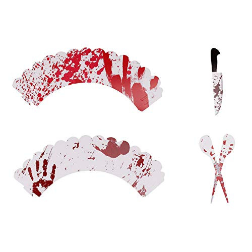 Halloween Cupcake Decoration Set, Messar 12 Pcs Halloween Style Creepy Cupcake Wrappers and 12 Pcs Halloween Party Bloody Cupcake Toppers Picks Mini Scissors Knifes Pattern