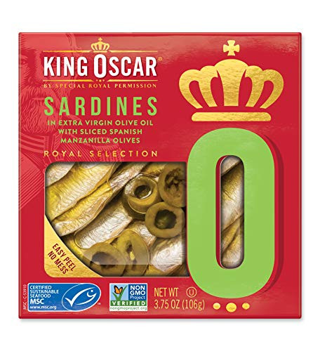 King Oscar Royal Selection Sardines in Extra Virgin Olive Oil, Sliced Spanish Manzanilla Olives, 3.75 Ounce