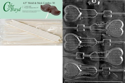 Cybrtrayd 45St50-V079 Key Heart Lolly Valentine Chocolate Candy Mold with 50 4.5-Inch Lollipop Sticks