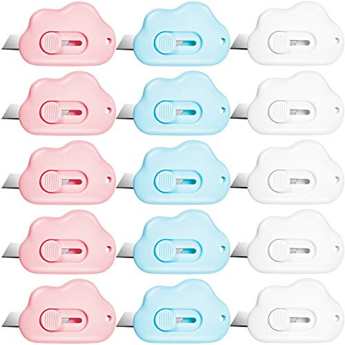 15 Pieces Mini Utility Knives Candy Color Box Cutter Retractable Letter Opener Cloud Envelope Slitter Carton Opener Portable Cute Paper Cutter (Pink, Blue, White)