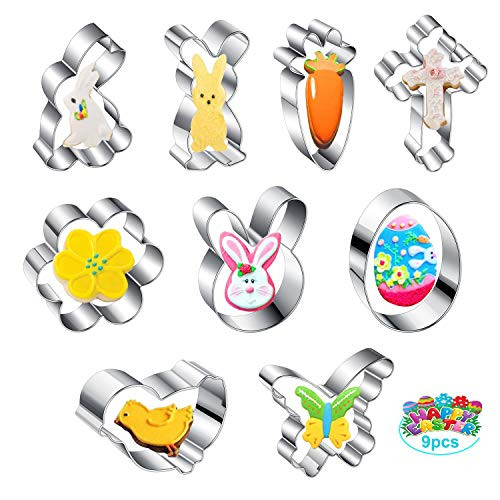 Cookie Cutters,9 Pcs Easter Cookie Cutter Set-Rabbit, Chick, Cross, Egg, Flower, Carrot, Butterfly Stainless Steel cookie cutters shape Party Supplies (M)
