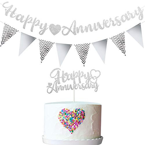 Happy Anniversary Glitter Banner Happy Anniversary Cake Topper Triangle Banner Heart Bunting Decorations for Wedding Anniversary Birthday Party Supplies (Silver)