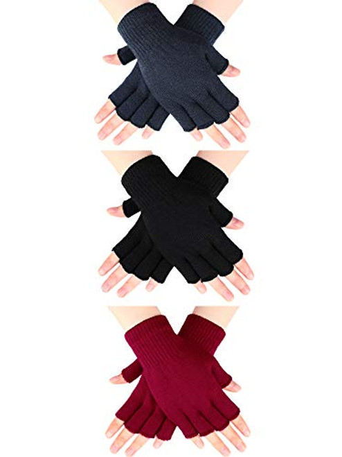 3 Pairs Half Finger Gloves Winter Fingerless Gloves Knit Gloves for Men Women (Black, Dark Grey and Red)