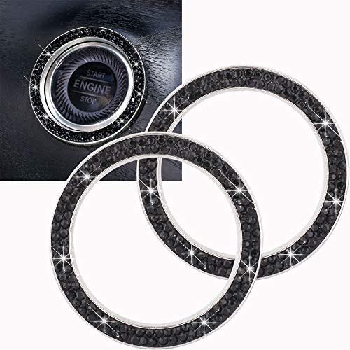 ToBeQueen Bling Car Crystal Rhinestone Ring Emblem Sticker, Car Interior Decoration, Bling Car Accessories for Women, Push to Start Button, Key Ignition Starter  and  Knob Ring (Black)