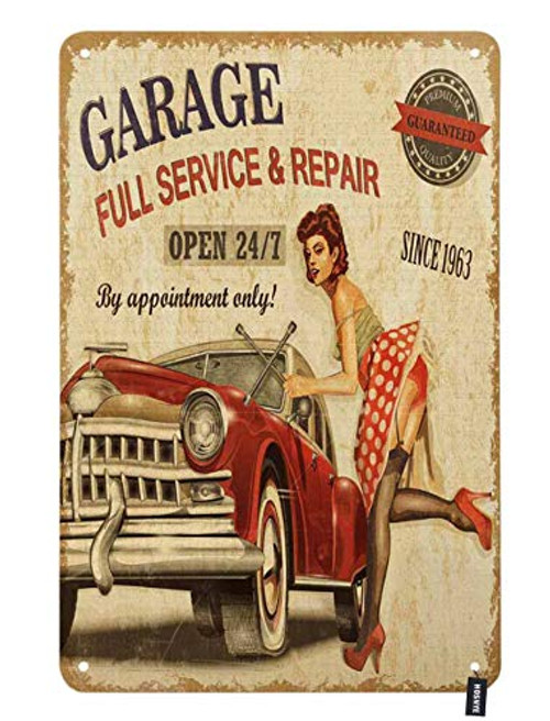 HOSNYE Garage Full Service Repair Tin Sign Sexy Woman with Tools Standby The Red Car Repair Vintage Metal Tin Signs for Men Women Wall Art Decor for Home Bars Clubs Cafes 8x12 Inch