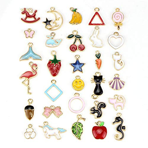 30pcs Assorted Gold Plated Enamel Animals Fruit Moon Star Unicorn Charm Pendant - Dainty Dangle Crafting Accessories for Necklace Bracelet Ankle Earring Jewelry DIY Making Charms