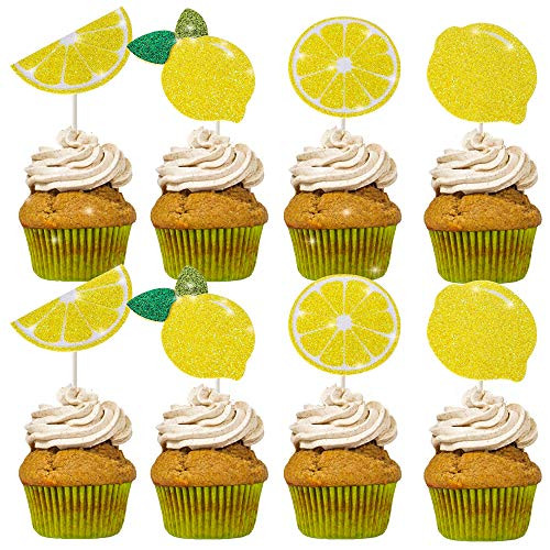 Lemonade Party Decoration Lemon Cake Cupcake Topper for Summer Lemonade Pool Beach Barbecue Baby Shower Birthday Lemon Themed Party Supplies 24PCS Glitter Cupcake Cake Toppers