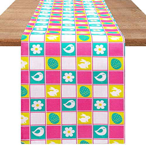 Aneco Easter Table Runner Cotton Linen Plaid Spring Table Runner Rabbit Easter Egg Table Runner for Easter Table Decor, 12 x 71 Inches