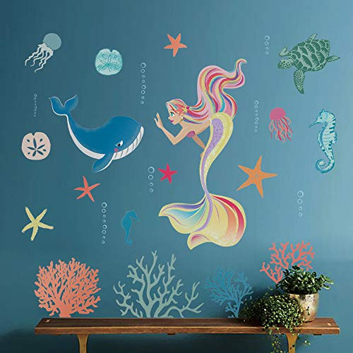 decalmile Rainbow Mermaid Wall Stickers Under The Sea Whale Coral Wall Decals Baby Girls Bedroom Kids Nursery Bathroom Wall Decor