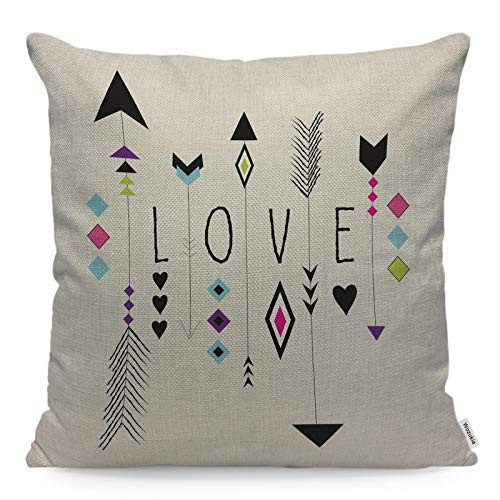 Wozukia Love Throw Pillow Cover with Arrow and Tribal Pattern in Boho Style Vintage Beige Square Pillow Case Cushion Cover for Home Car Bedroom Livingroom Decorative Cotton Linen 18x18 Inch