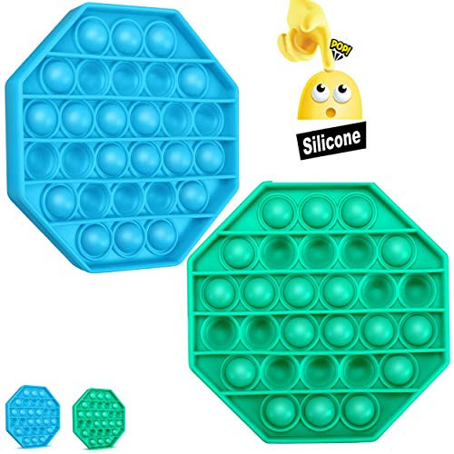Pop it Fidget Sensory Toy, Push Pop Bubble Fidget Toy Bubble Popper Anxiety Relief Autism Toy Silicone Fidget Toy for ADD ADHD Popping Fidget Novelty Gift for Kids Adults 2Pack(Green-Blue-Octagon)