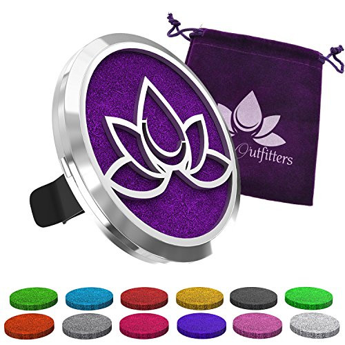 Car Diffuser Vent Clip - Aromatherapy Essential Oil Air Freshener Diffusers Improve Air Quality, Motion Sickness & Promote Calm Driving. Lotus Flower Stainless Steel Locket & 12 Bonus Oils Felt Pads.