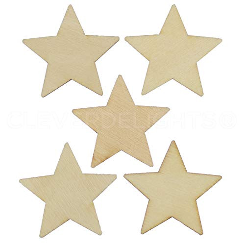 CleverDelights 1.5 Inch Wood Stars - 50 Pack - 1/16 inch Thick - 1 1/2 inch Unfinished Craft Pieces