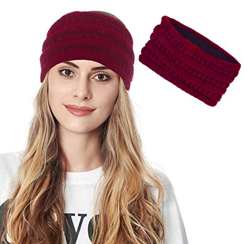 Cagora Winter Headbands Fuzzy Fleece Lined Ear Warmer Wool Turban Warm Head Wraps Thick Cable Knit Ear Warmers Crochet Headband for Women