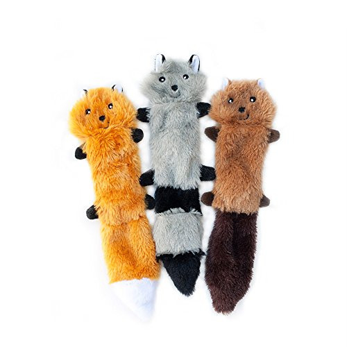 ZippyPaws - Skinny Peltz No Stuffing Squeaky Plush Dog Toy, Fox, Raccoon, and Squirrel - Small