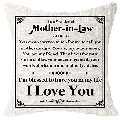 Hysunland Bonus Moms Mother in Law Gift from Daughter in Law Pillow Covers 18x18 Inch Burlap Beige Decorative Square Pillow Cases Cushion Covers with Words for Living Room Bed Couch Decorations
