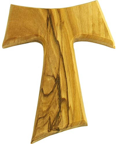 Tau Thick and Hand Carved Olive Wood Cross - Hanging (10cm or 4 inches) with Certificate