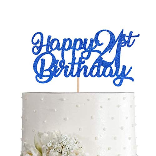 Blue Happy 21st Birthday Cake Topper, Royal Blue Glitter Cheers To 21 Years Party Cake Decorations, Supply
