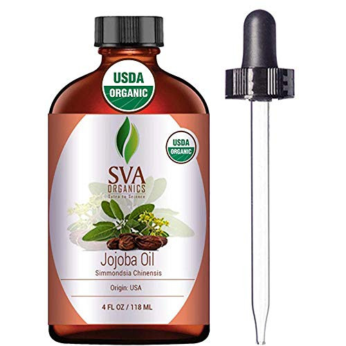 SVA Organics Jojoba Oil Organic Cold Pressed USDA Certified with Dropper 4 Oz Bulk Large Size 100percent Pure Natural Cold Pressed Unrefined Carrier Oil for Skin, Hair, Face, Massage, Nails