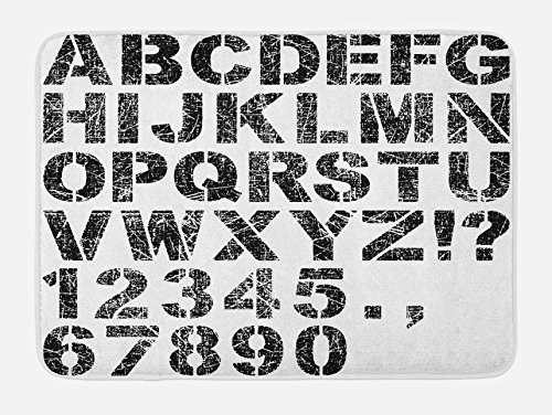Ambesonne Letters Bath Mat, Alphabet Concept Grunge Stencil Letters and Numbers Distressed Scratched Look, Plush Bathroom Decor Mat with Non Slip Backing, 29.5 inch X 17.5 inch, Grunge Black