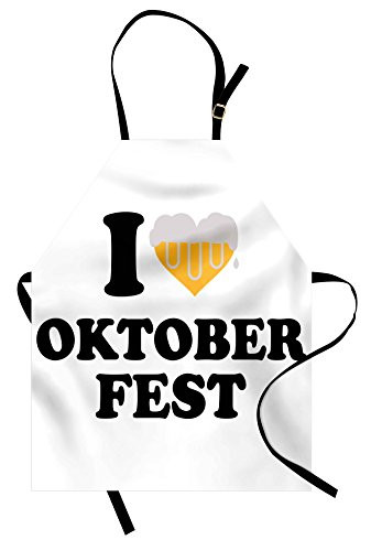 Lunarable Oktoberfest Apron, I Love Oktoberfest Lettering Words Beer Foam Heart Enjoyment Illustration, Unisex Kitchen Bib with Adjustable Neck for Cooking Gardening, Adult Size, Yellow White