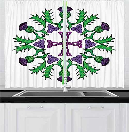 Ambesonne Thistle Kitchen Curtains, Abstract Wreath Image with Flowers of Thistles and Celtic Knot, Window Drapes 2 Panel Set for Kitchen Cafe Decor, 55 inch X 39 inch, Violet Green
