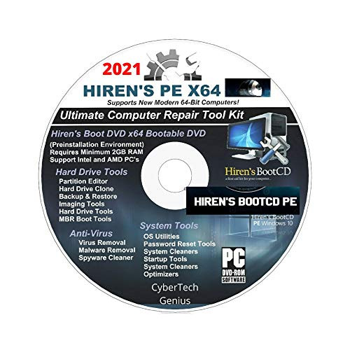 Hiren's Boot CD/DVD PE x64 bit Software Repair Tools Suite 2021 plus 1 Free Do-It-Yourself Instructions DVD/Live Phone Tech Support latest version Best PC Computer Repair Recovery Compatible with Windows