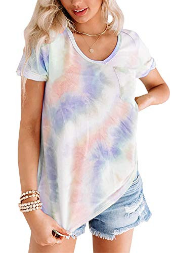 Womens Tie Dye Short Sleeve T Shirt Plus Size V Neck Summer Loose Casual Tee Tops with Pocket Purple