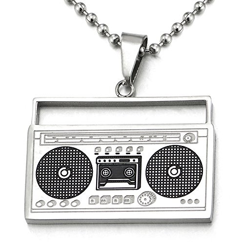 COOLSTEELANDBEYOND Steel Silver Black Cassette Player Pendant Necklace for Men Women with 30 inch Ball Chain