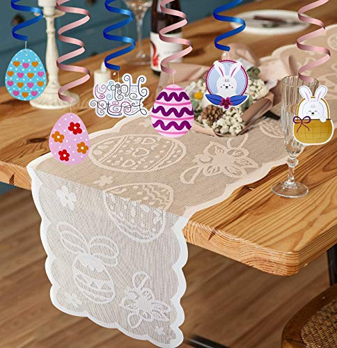 CNVOILA Easter Decor, Easter Table Runner with Easter Egg, Spring Flowers Pattern, Easter Decoration Spring Decor for Parties  and  Gatherings, 1372 Inch Table Runner Lace -White