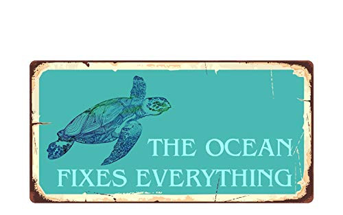 Deerts 2593HS The Ocean Fixes Everything 5 inchx10 inch Aluminum Hanging Novelty Sign