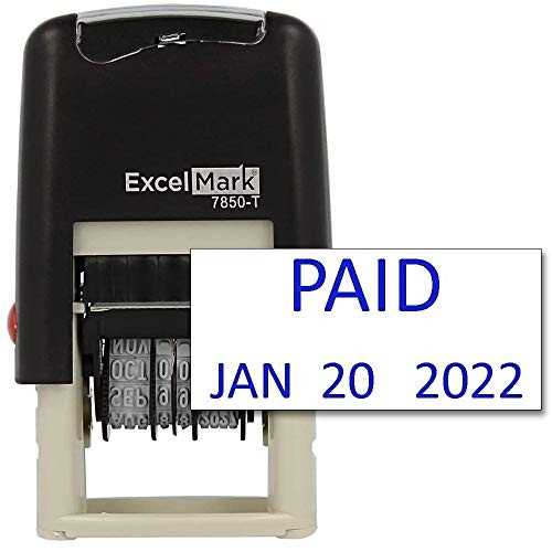 Paid - ExcelMark Self-Inking Rubber Date Stamp - Compact Size (Blue Ink)
