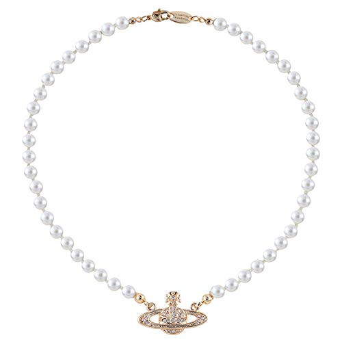 LANCHONG White Pearl Bead Necklaces Crystal Rhinestone Saturn Planet Necklace Best Friend Girlfriend Birthday Anniversary (Gold)